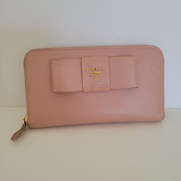 PRADA Saffiano Fiocco Orchidea Wallet Clutch Large Light Pink Zip Around Bow Box - Picture 2 of 13